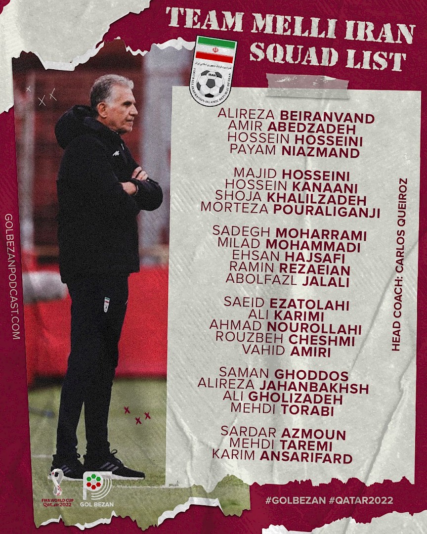 Official Team Melli Iran squad called by Carlos Queiroz for the Qatar 2022 FIFA World Cup